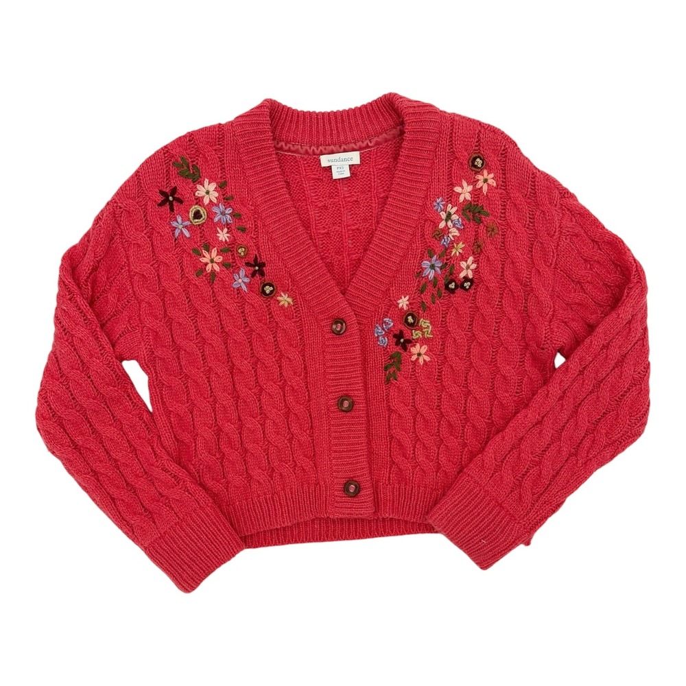 Sundance Pocket of Posies Cable Knit Embroidered Cardigan Sweater PXS Wool Blend